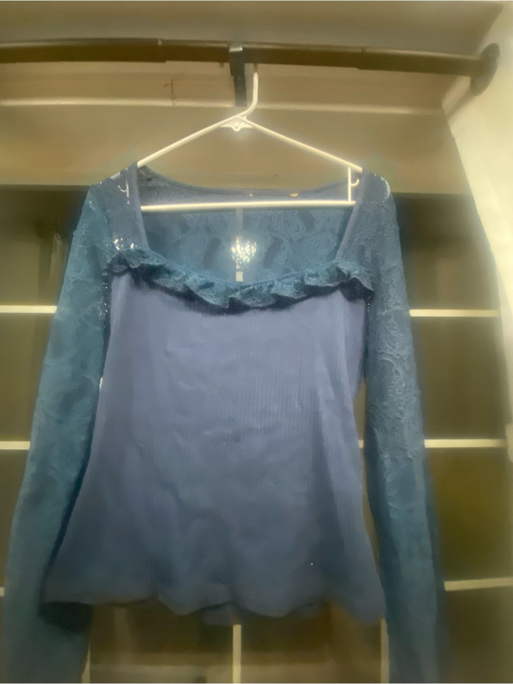 Women's Blue Lace-Trim Long Sleeve Top